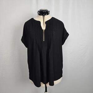 89th + Madison Quarter Zip Blouse Women's 2X Black Short Sleeve Notched Neckline